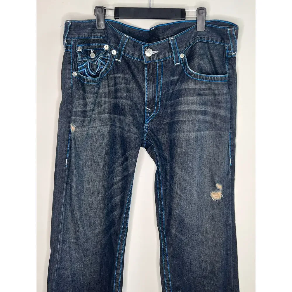 True Religion Vintage Y2K Made in USA Distressed Denim Straight Leg Jeans Sz 38